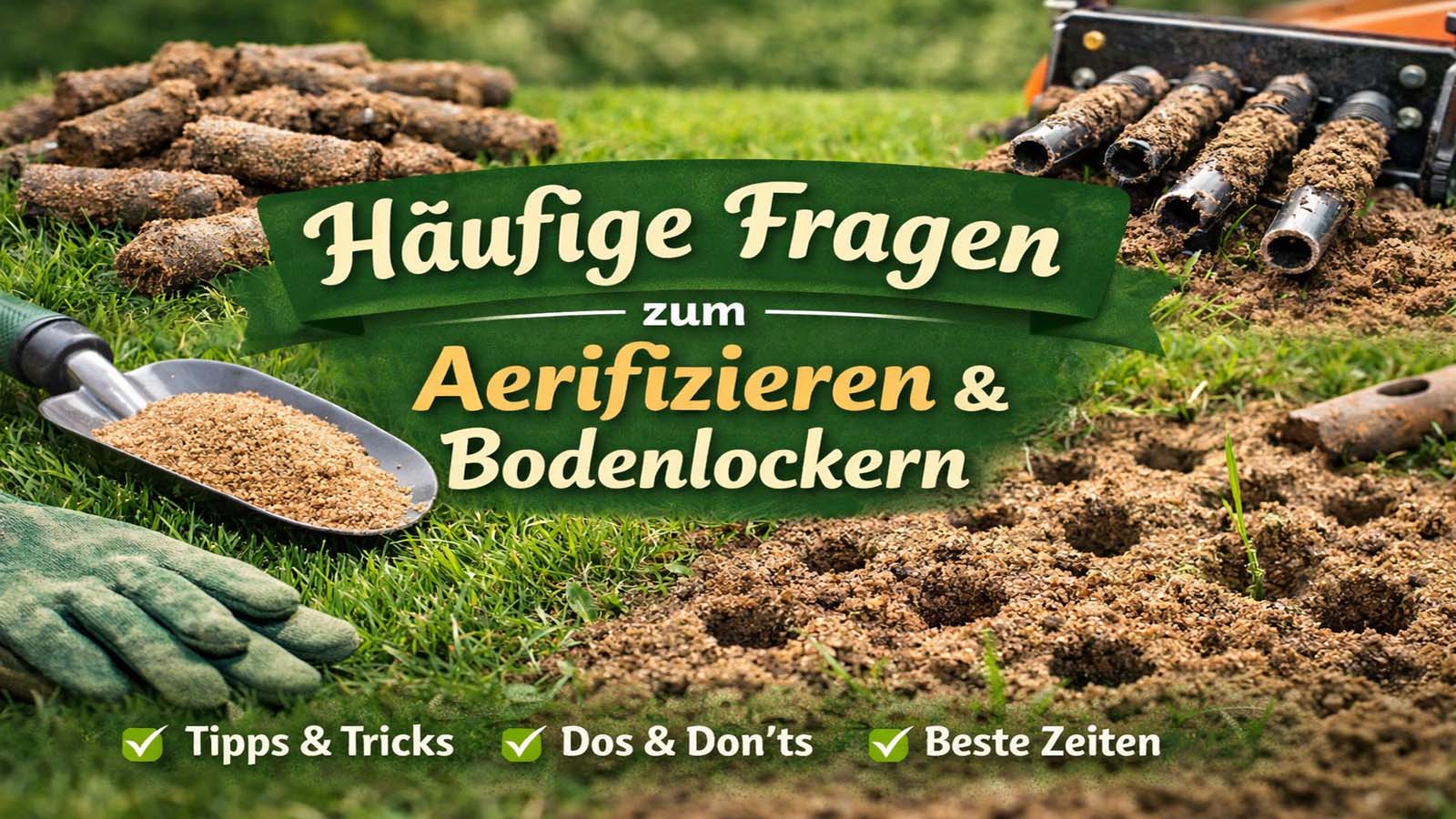 Rasen wird mit Hohlspoons aerifiziert; daneben Sand und Gartenhandschuhe – Beitragsbild zu häufigen Fragen rund um Aerifizieren und Bodenlockern.