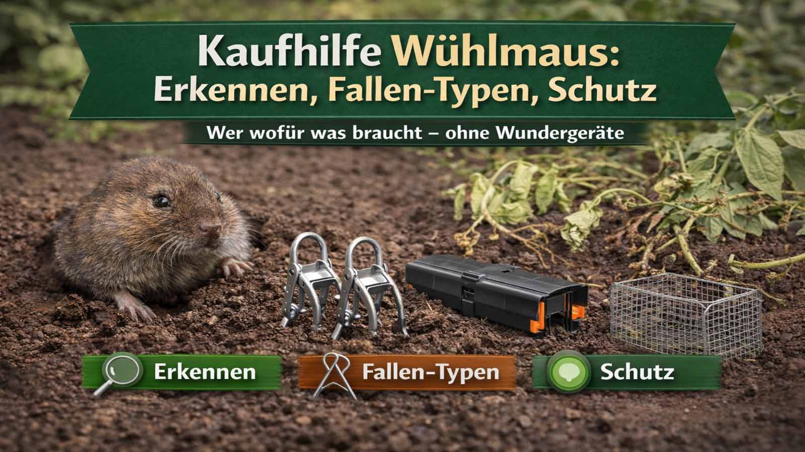 Wühlmaus im Erdloch neben typischen Fallen und einem Drahtkorb; darüber der Titel „Kaufhilfe Wühlmaus: Erkennen, Fallen-Typen, Schutz“.
