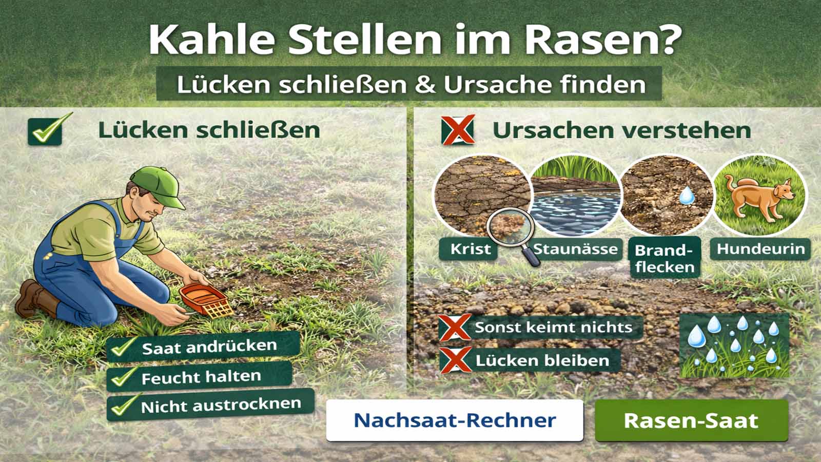 Grafik zu kahlen Stellen im Rasen: links Nachsaat richtig durchführen (Saat andrücken, feucht halten), rechts typische Ursachen wie Bodenkruste, Staunässe, Brandflecken und Hundeurin.