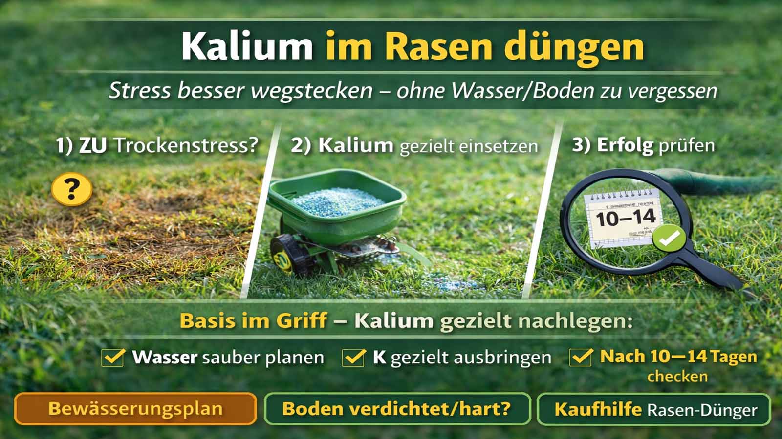 Beitragsbild „Kalium im Rasen düngen“ – 3 Schritte: Trockenstress erkennen, Kalium gezielt einsetzen, nach 10–14 Tagen Erfolg prüfen; Hinweis „Basis im Griff: Wasser sauber planen“.