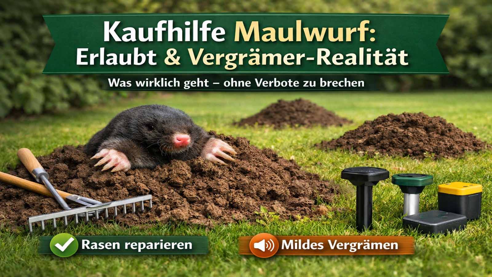 Maulwurf auf Maulwurfshügel im Rasen, daneben Rechen und Gartenwerkzeug sowie Geräte zur Vergrämung; Titel „Kaufhilfe Maulwurf: Erlaubt & Vergrämer-Realität“.