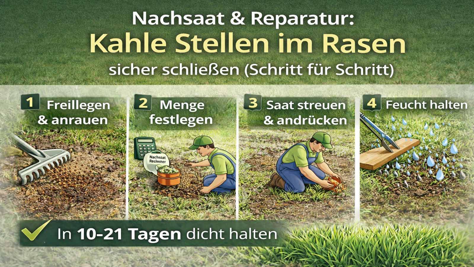 Infografik zur Rasennachsaat und Reparatur: freilegen und anrauen, Menge festlegen, Saat streuen und andrücken, 10–21 Tage feucht halten.