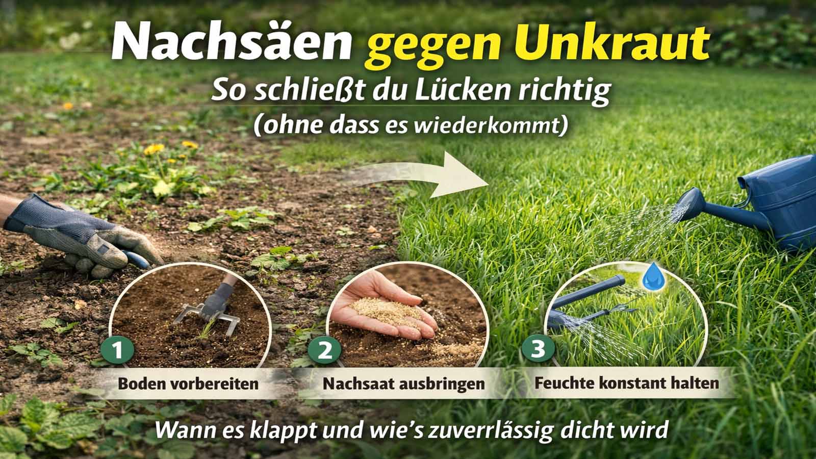 Rasen mit Lücken und Unkraut, dazu Hinweisgrafik „Nachsäen gegen Unkraut“ mit Schritten: vorbereiten, nachsäen, andrücken, gleichmäßig feucht halten.