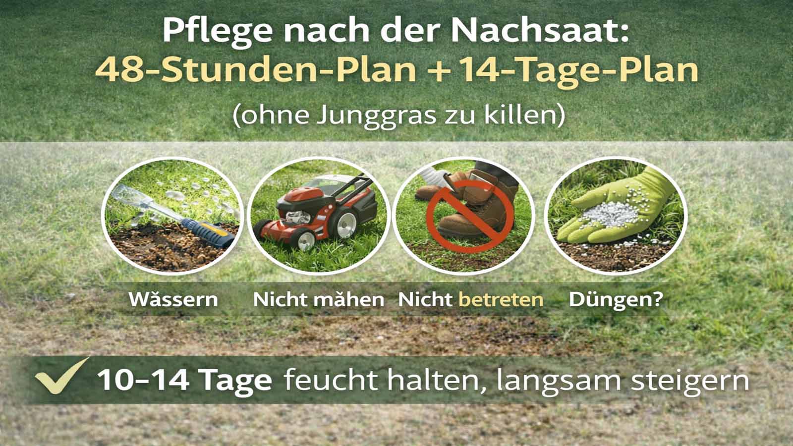 Infografik „Pflege nach der Nachsaat“ mit Symbolen für Wässern, nicht mähen, nicht betreten und Düngen sowie Hinweis: 10–14 Tage gleichmäßig feucht halten und Pflege langsam steigern.