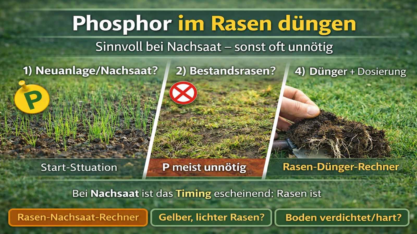 Beitragsbild „Phosphor im Rasen düngen“ – Entscheidungshilfe: Nachsaat/Neuanlage ja, Bestandsrasen meist nein; Fokus auf Timing, Dosierung und Geduld beim Anwachsen.