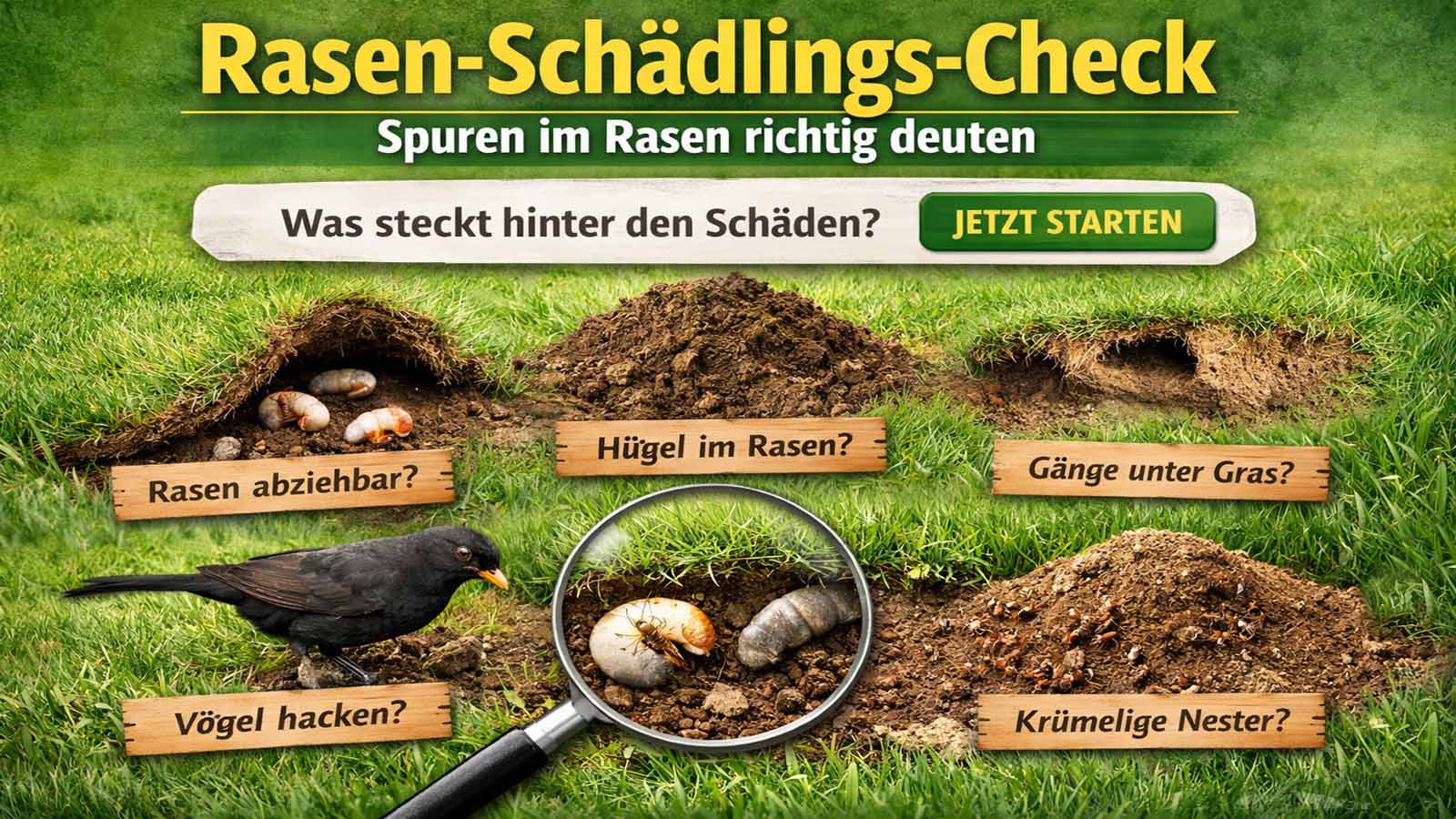 Grafik zum Rasen-Schädlings-Check mit typischen Spuren: abziehbare Grasnarbe (Engerlinge), Hügel (Maulwurf), Gänge (Wühlmaus), Vogelschäden und Ameisennester – mit „Jetzt starten“-Button.