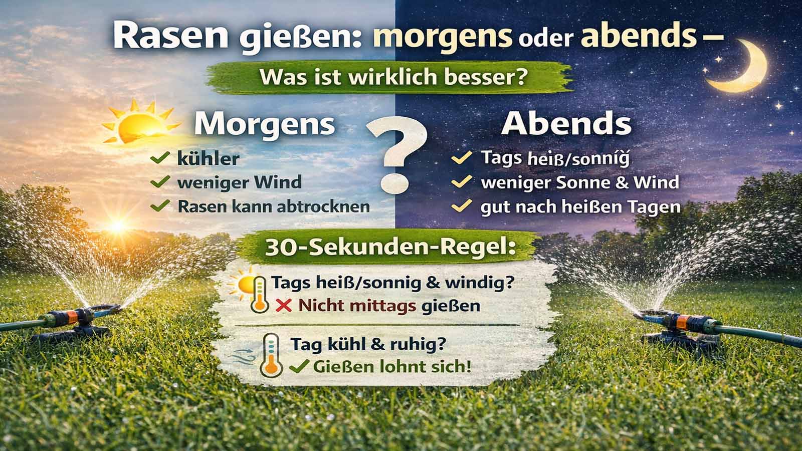 Infografik „Rasen gießen: morgens oder abends – was ist wirklich besser?“ mit Sonnen- und Nachtmotiv, Pro/Contra-Punkten für morgens und abends sowie „30-Sekunden-Regel“ (bei heiß/windig nicht mittags gießen, bei kühl/ruhig lohnt gießen).