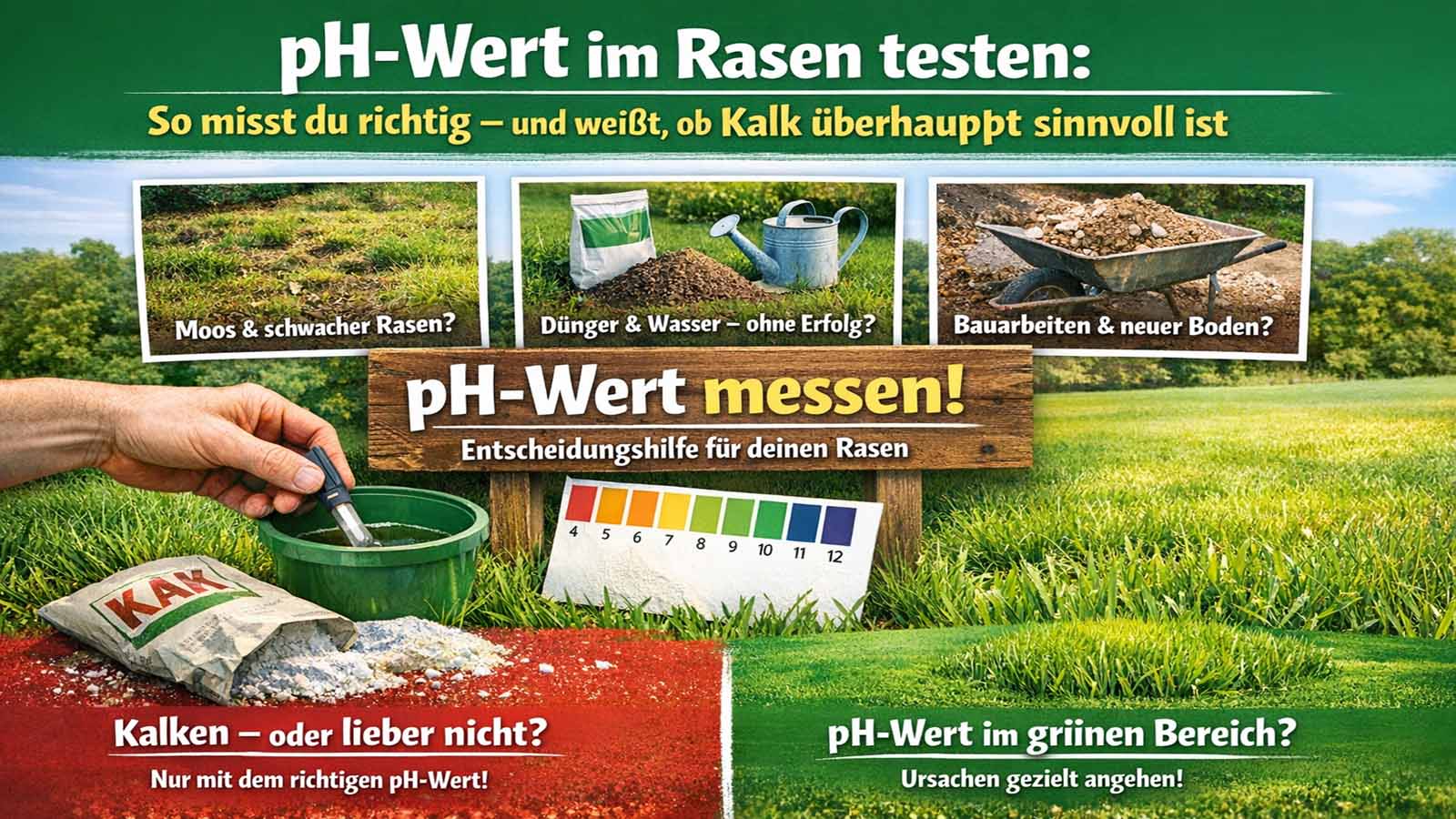 Illustration zum pH-Test im Rasen: Bodenprobe messen, pH-Skala ablesen und Entscheidung „kalken oder nicht“ für gesunden Rasen.
