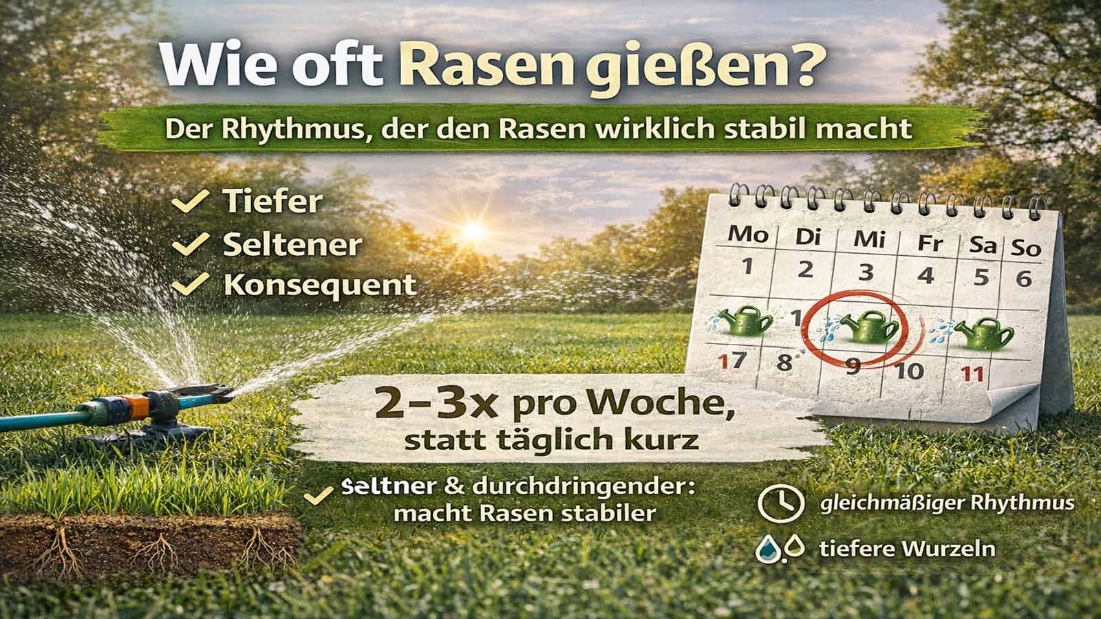 Infografik „Wie oft Rasen gießen?“ mit Rasensprenger, Checkliste „Tiefer, Seltener, Konsequenter“, Kalender mit markierten Gießtagen und Hinweis „2–3× pro Woche, statt täglich kurz“ sowie Icons für gleichmäßigen Rhythmus und tiefere Wurzeln.