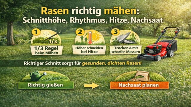 Rasen richtig mähen: Schnitthöhe, Rhythmus, Hitze, Nachsaat