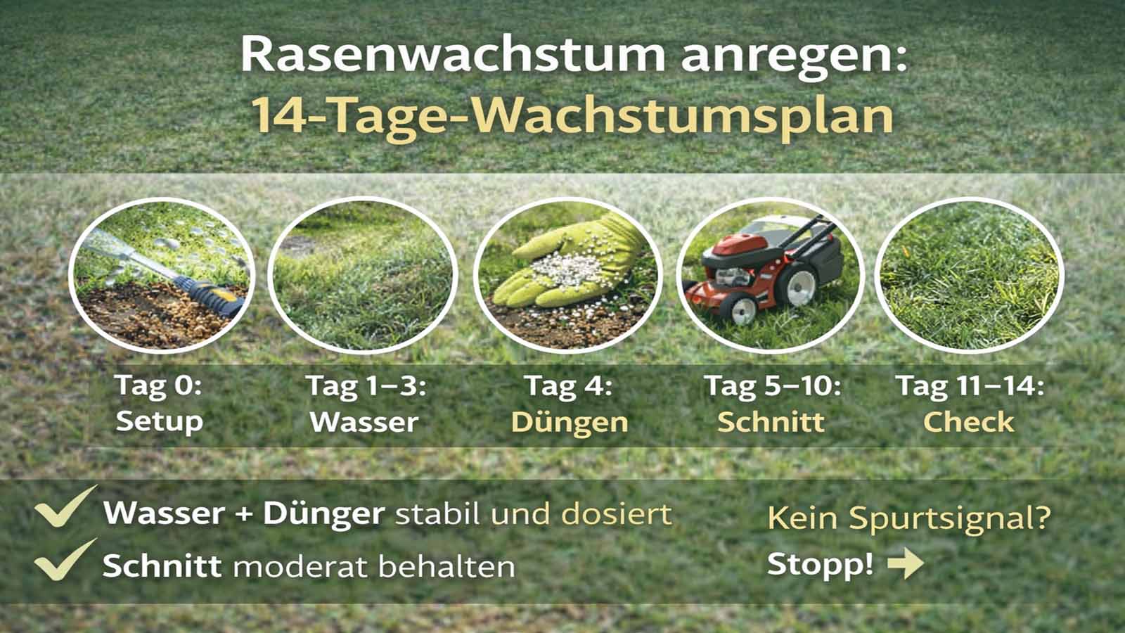 Infografik „Rasenwachstum anregen“ mit 14-Tage-Wachstumsplan: Tag 0 Setup, Tag 1–3 Wasser, Tag 4 Düngen, Tag 5–10 Schnitt, Tag 11–14 Check; Fokus auf Wasser und Dünger dosiert sowie moderaten Schnitt.