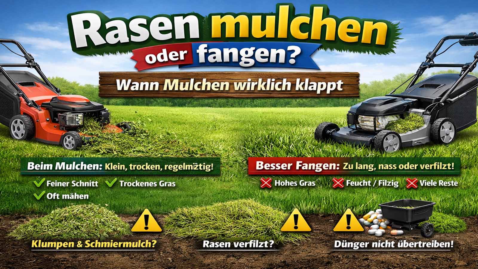 Infografik: Rasen mulchen oder fangen – wann Mulchen klappt und wann Fangen besser ist.