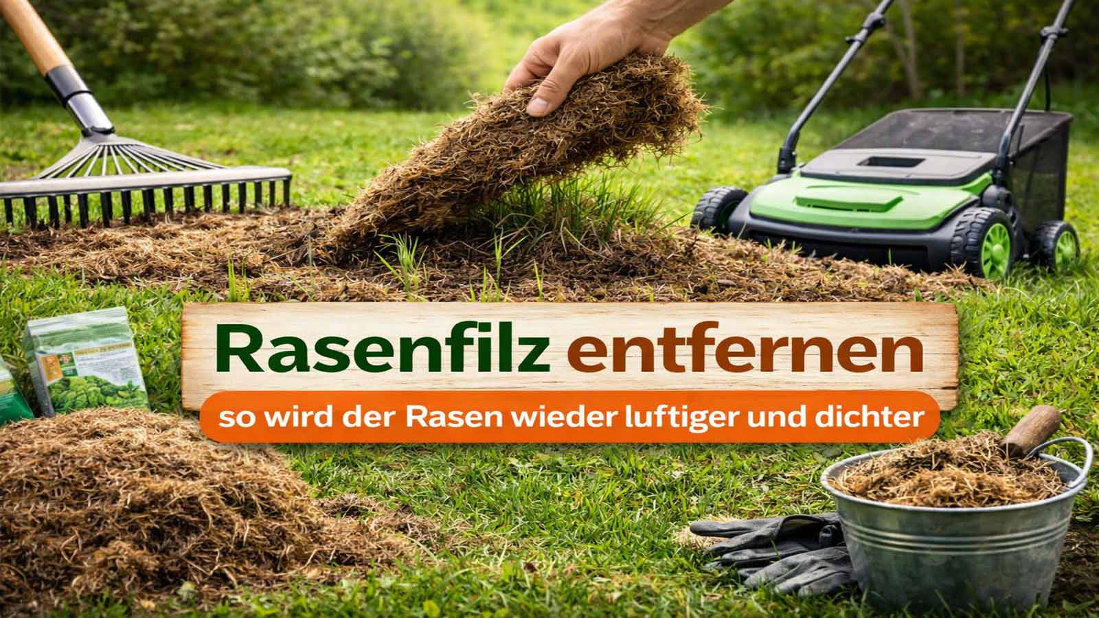 Garten Hand zieht eine dicke Rasenfilz-Schicht aus dem Rasen; Rechen und Vertikutierer liegen bereit – Anleitung zum Rasenfilz entfernen.