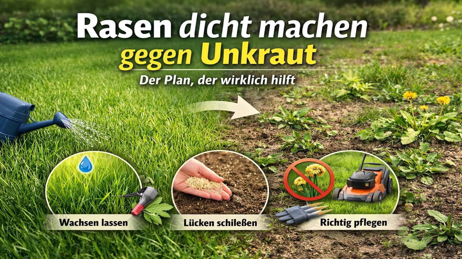 Rasenfläche mit Unkraut und kahlen Stellen, dazu Hinweisgrafiken zum Rasen-Dichtmachen (wässern, nachsäen, richtig pflegen).