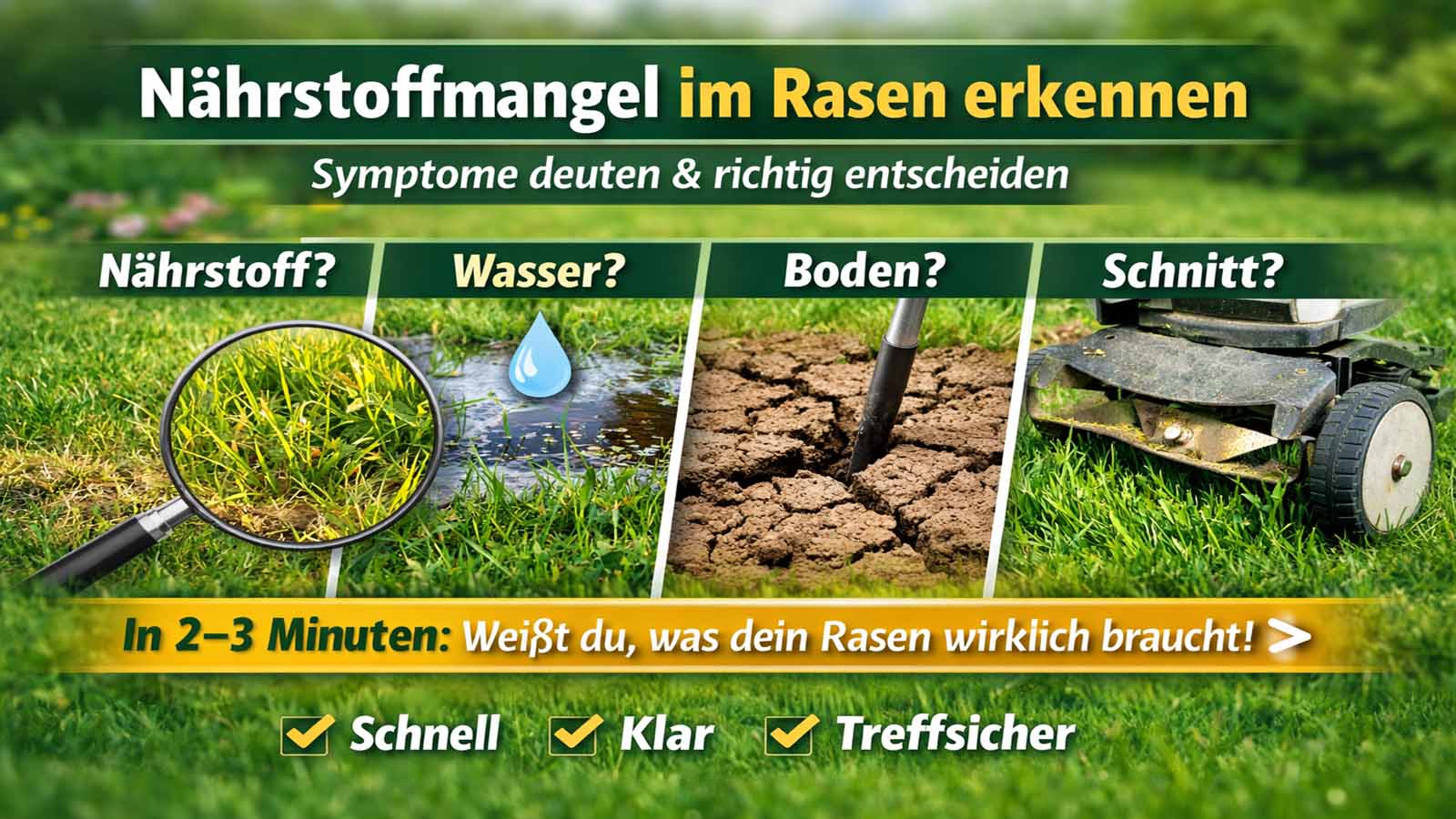 Beitragsbild „Nährstoffmangel im Rasen erkennen“ – vier Ursachenfelder (Nährstoff, Wasser, Boden, Schnitt) und Hinweis „In 2–3 Minuten weißt du, was dein Rasen wirklich braucht“.