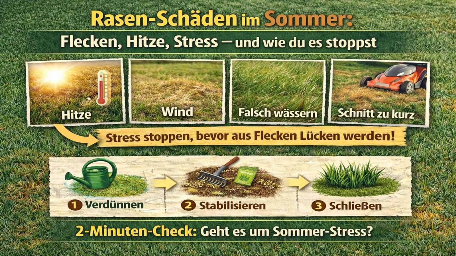 Infografik zu Sommerstress im Rasen: zeigt typische Auslöser (Hitze, Wind, unpassende Bewässerung, zu kurze Schnitthöhe) und den Grundsatz „Stress stoppen“, damit braune Flecken nicht zu Lücken werden.
