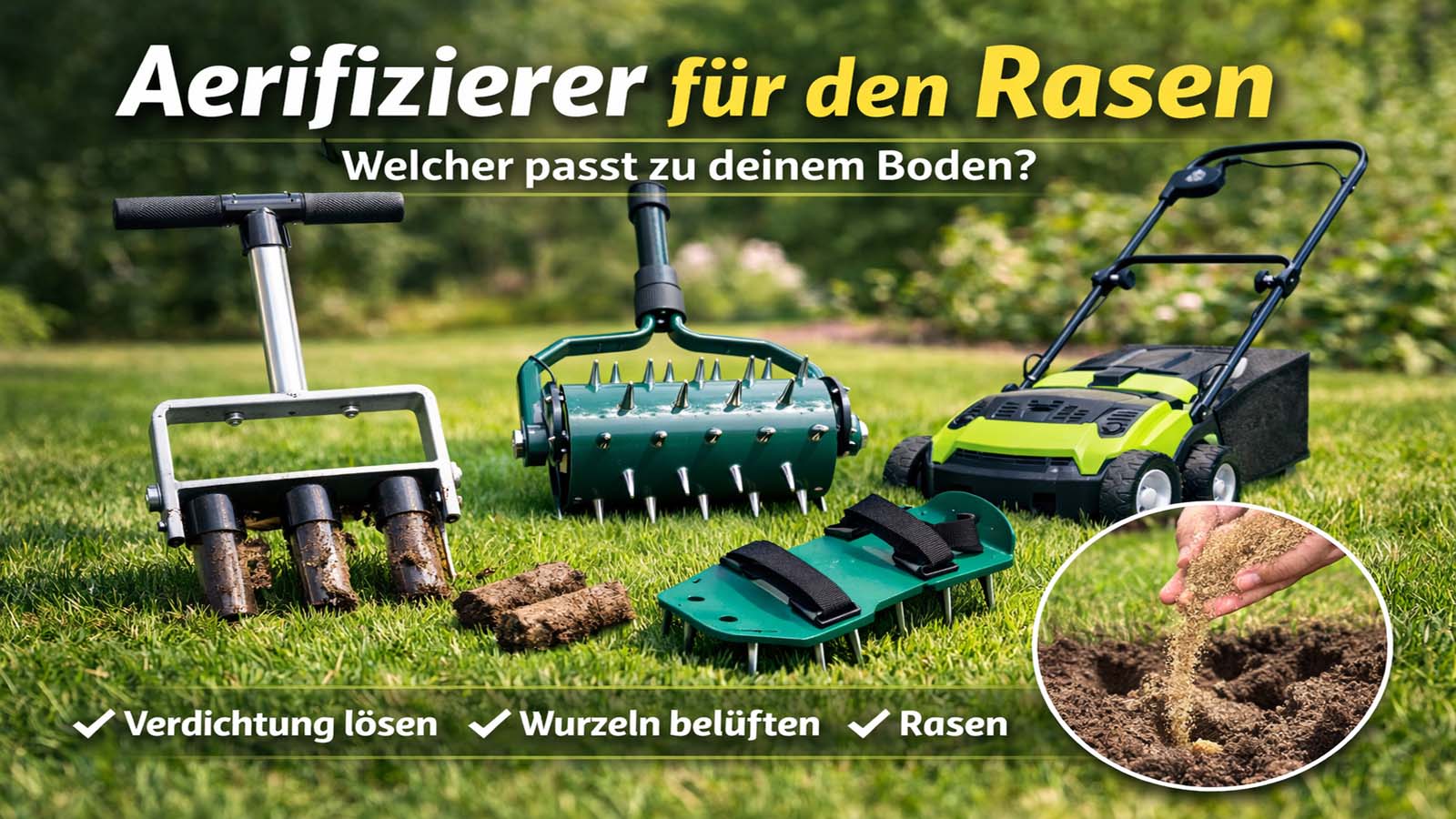 Aerifizierer für den Rasen auf einer Grünfläche: Kern-Aerifizierer, Spikes-Walze, Aerifizierer-Schuhe und Elektro-Gerät; Sand wird in ein Aerifizierloch gestreut.