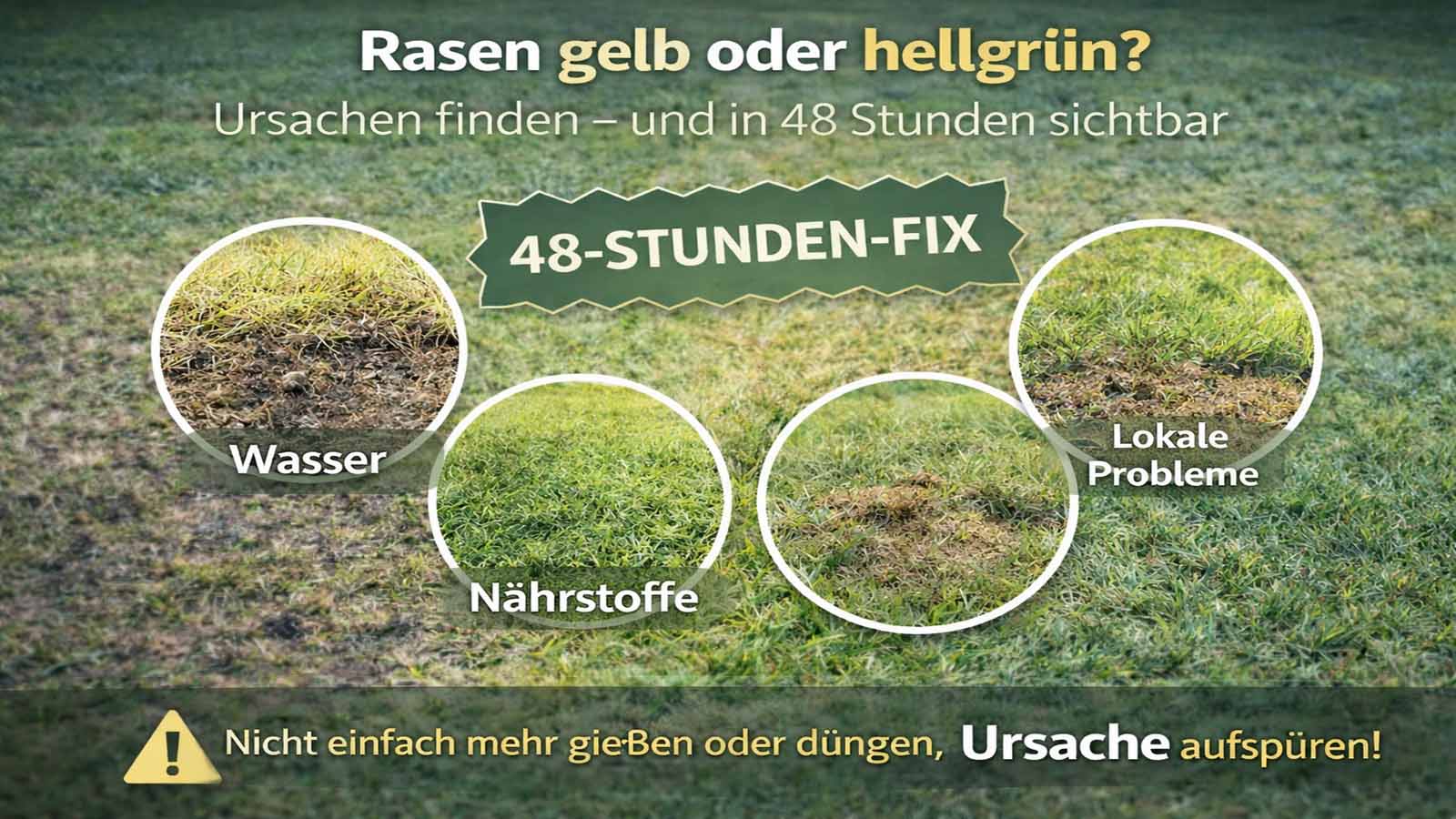 Infografik „Rasen gelb oder hellgrün?“ mit drei Ursachenfeldern: Wasser, Nährstoffe und lokale Probleme sowie Hinweis „48-Stunden-Fix“ zur schnellen Verbesserung.