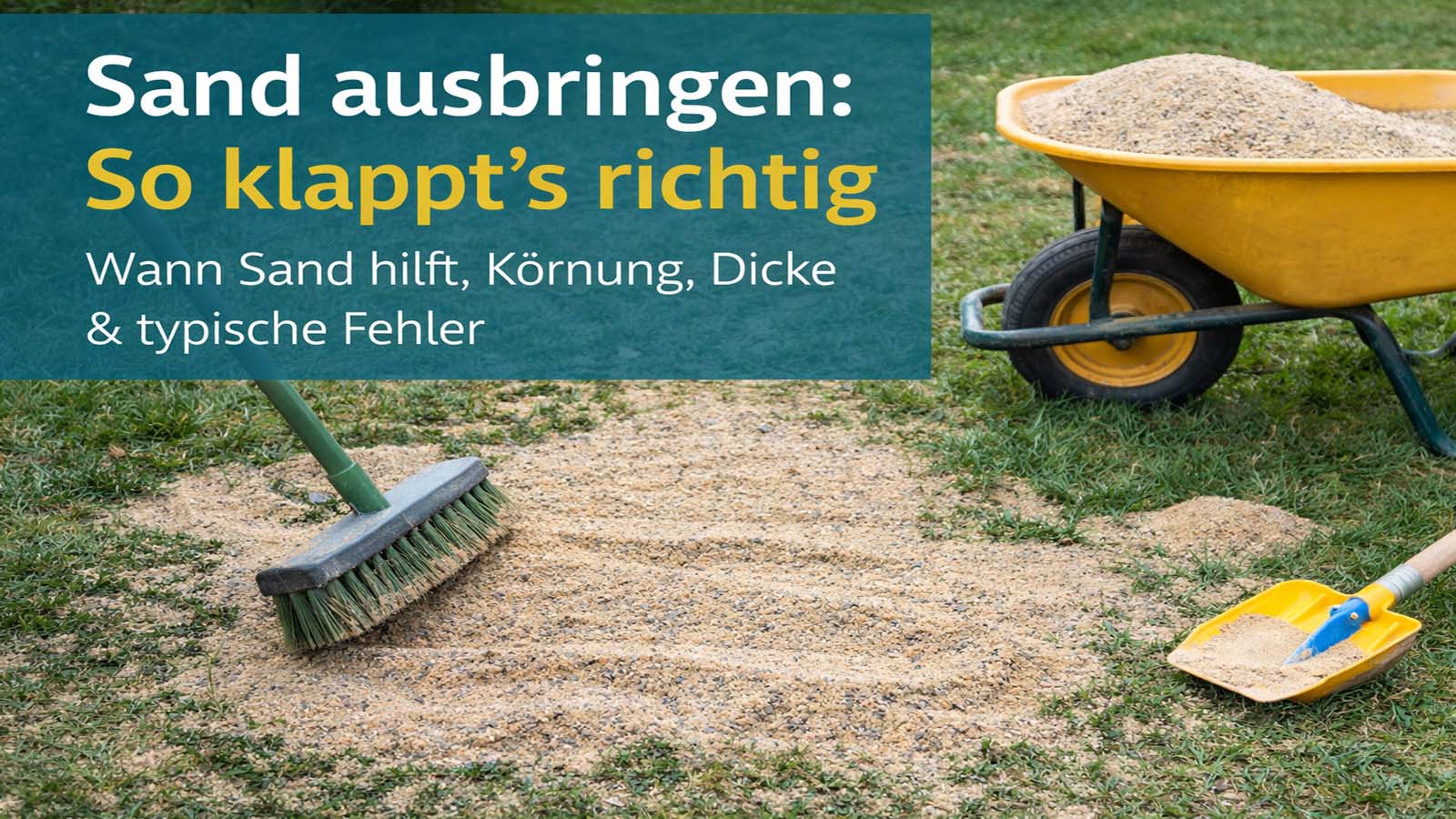 Sand wird auf einem Rasen verteilt und mit Besen eingearbeitet; Schubkarre mit Sand daneben – Beitragsbild zum richtigen Sanden (Körnung, Menge, typische Fehler).