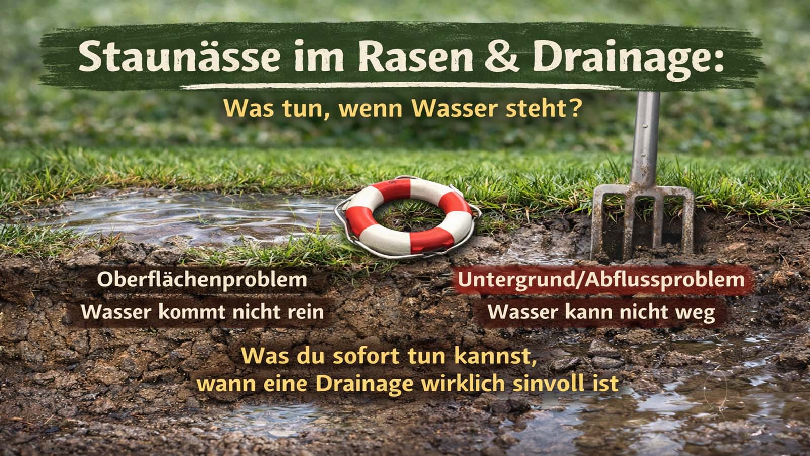 Infografik zu Staunässe im Rasen: links Oberflächenproblem „Wasser kommt nicht rein“, rechts Untergrund-/Abflussproblem „Wasser kann nicht weg“, mit Pfützen, Grabegabel und Hinweis auf Drainage.