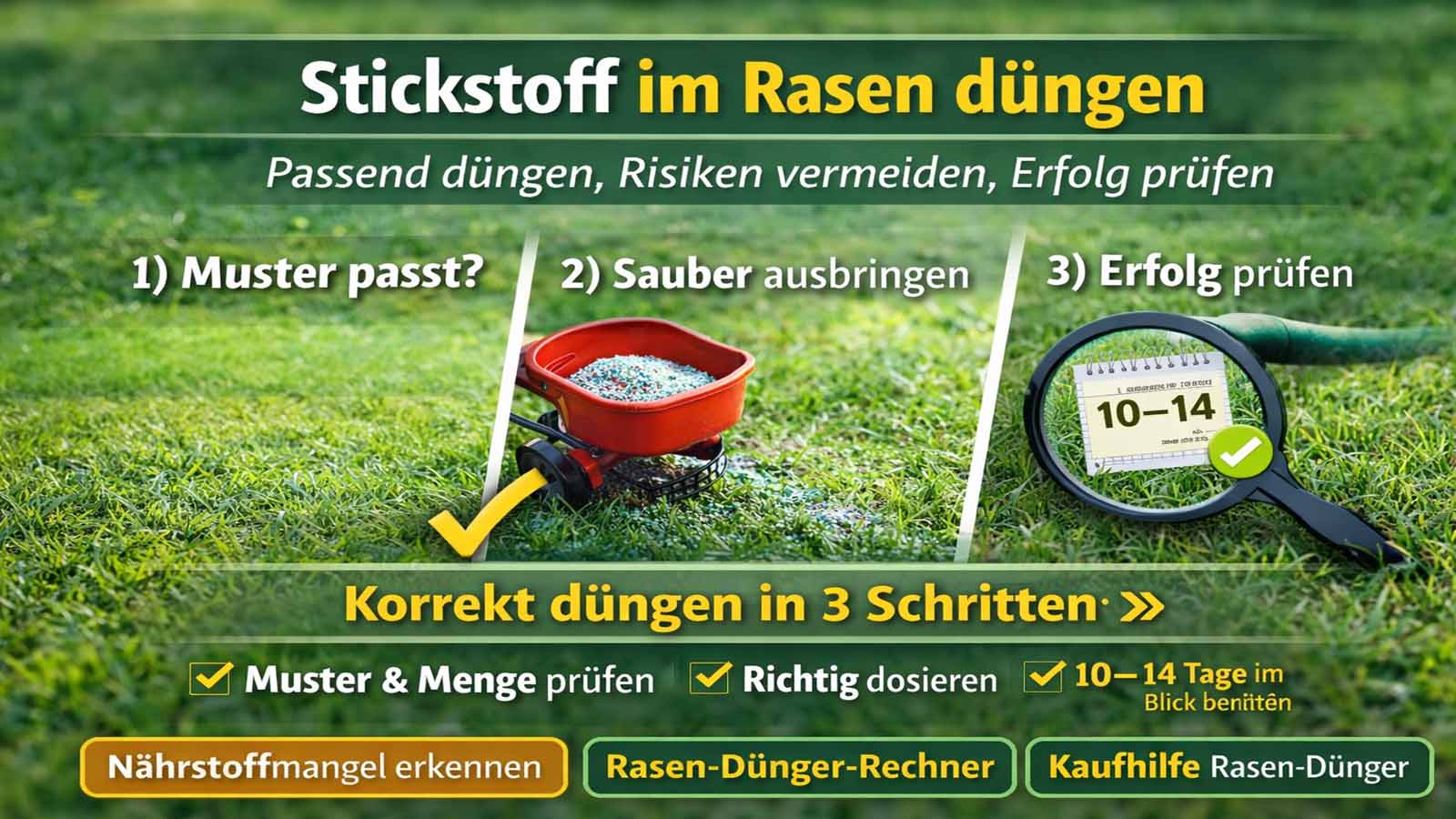 Beitragsbild „Stickstoff im Rasen düngen“ – 3-Schritte-Grafik: Muster prüfen, Dünger gleichmäßig ausbringen, Ergebnis nach 10–14 Tagen kontrollieren.
