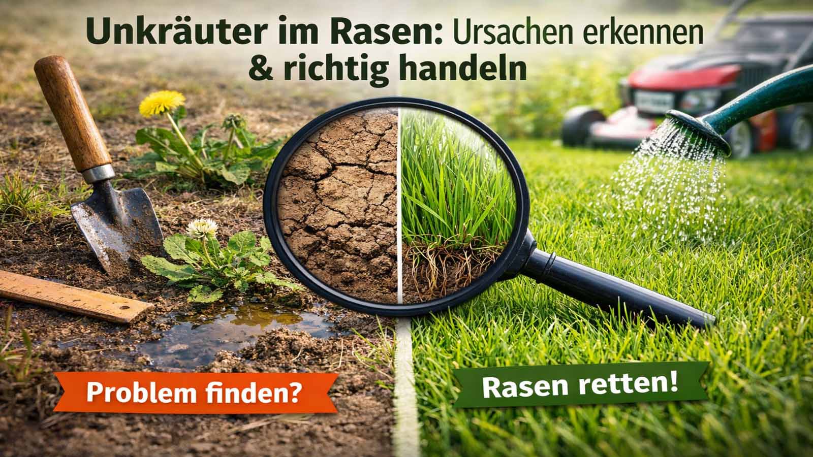 Unkräuter im Rasen: Ursachen verstehen – Vergleich von unkrautigem und dichtem Rasen mit Hinweis „Muster erkennen“ und „Passenden Hebel wählen“.