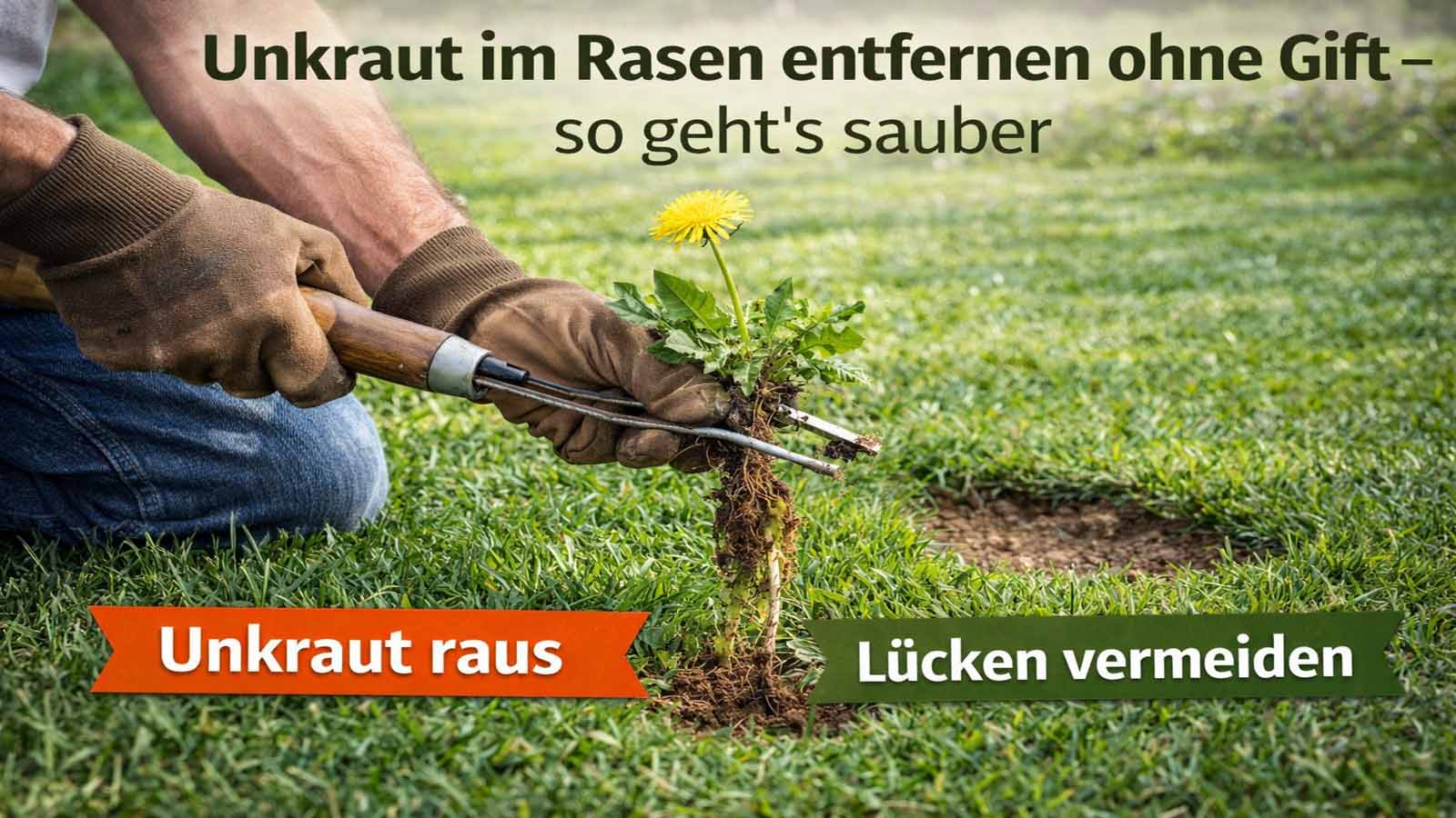 Person sticht Löwenzahn mit Unkrautstecher aus dem Rasen und zieht die Wurzel heraus; Hinweis „Unkraut raus“ und „Lücken vermeiden“.