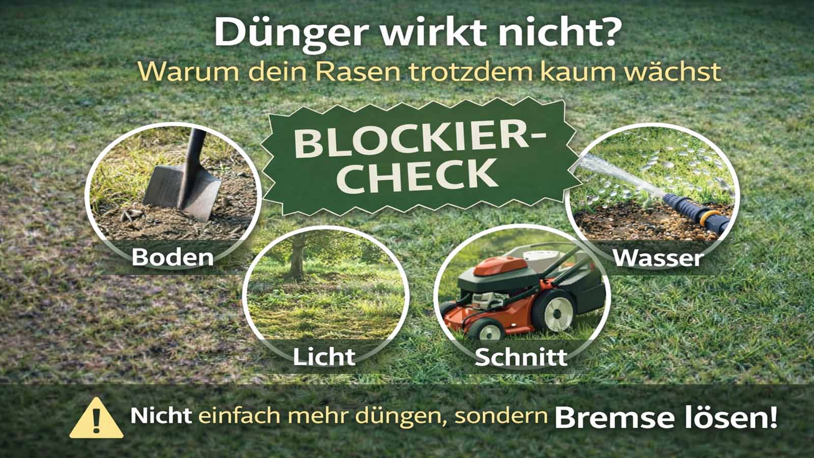 Infografik „Dünger wirkt nicht?“ mit Blockier-Check: Boden (verdichtet), Wasser (zu wenig), Licht (Schatten) und Schnitt (zu tief); Hinweis: nicht mehr düngen, sondern Bremse lösen.