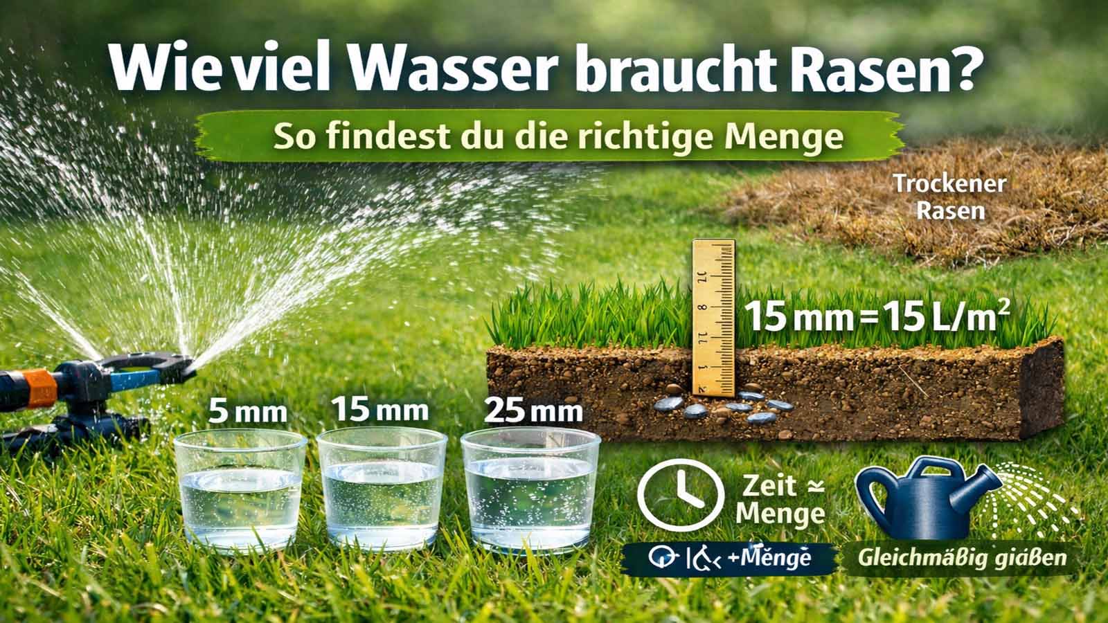 Rasenbewässerung: Sprenger wässert Rasen, Messbecher zeigen 5/15/25 mm, Bodenschnitt mit Lineal und Hinweis „15 mm = 15 L/m²“ – Anleitung zur richtigen Wassermenge.