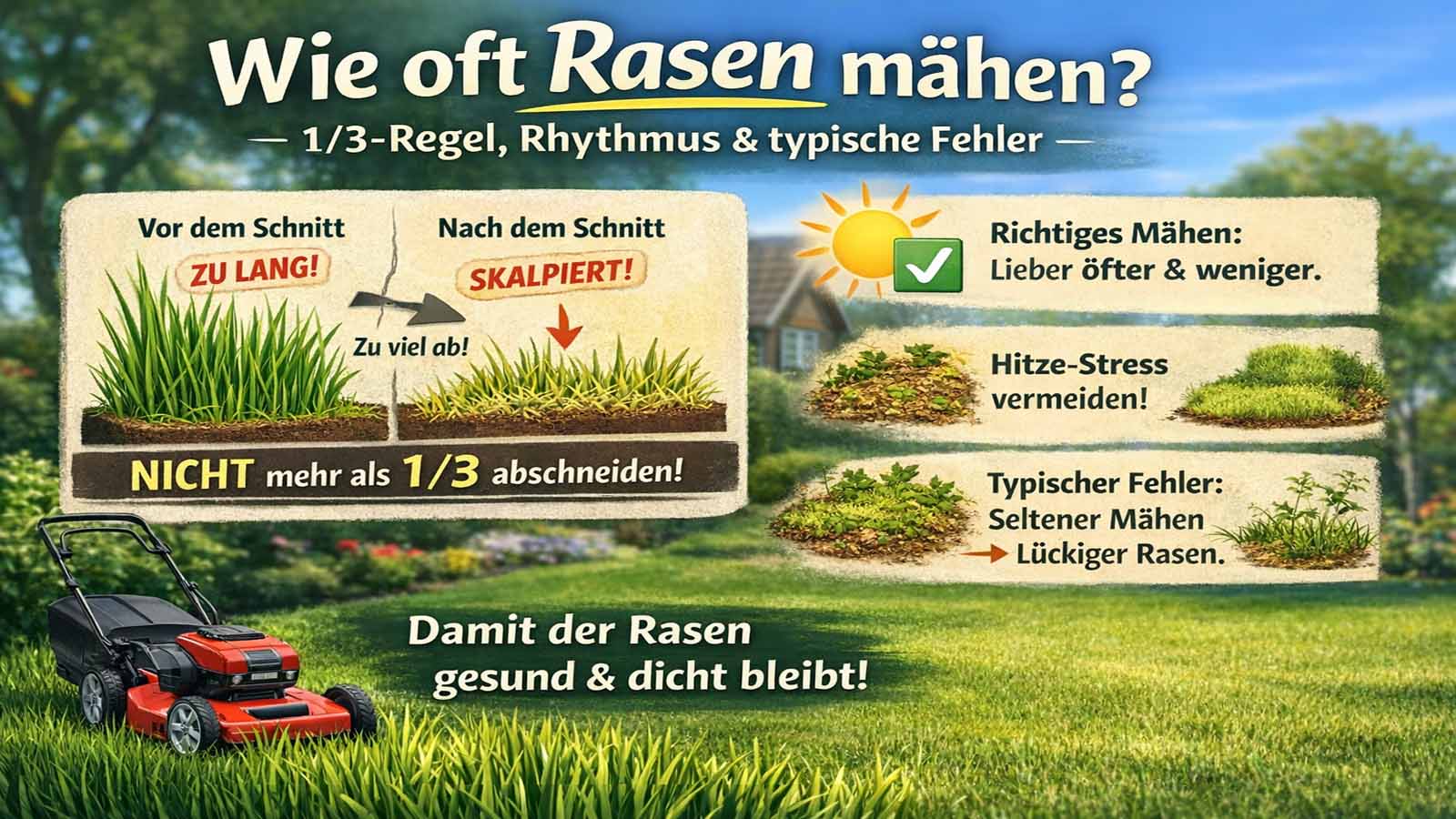 Infografik: „Wie oft Rasen mähen?“ mit 1/3-Regel (nicht mehr als ein Drittel abschneiden), Hinweis „lieber öfter und weniger“, sowie Tipps zum Vermeiden von Hitzestress und lückigem Rasen durch zu seltenes Mähen.