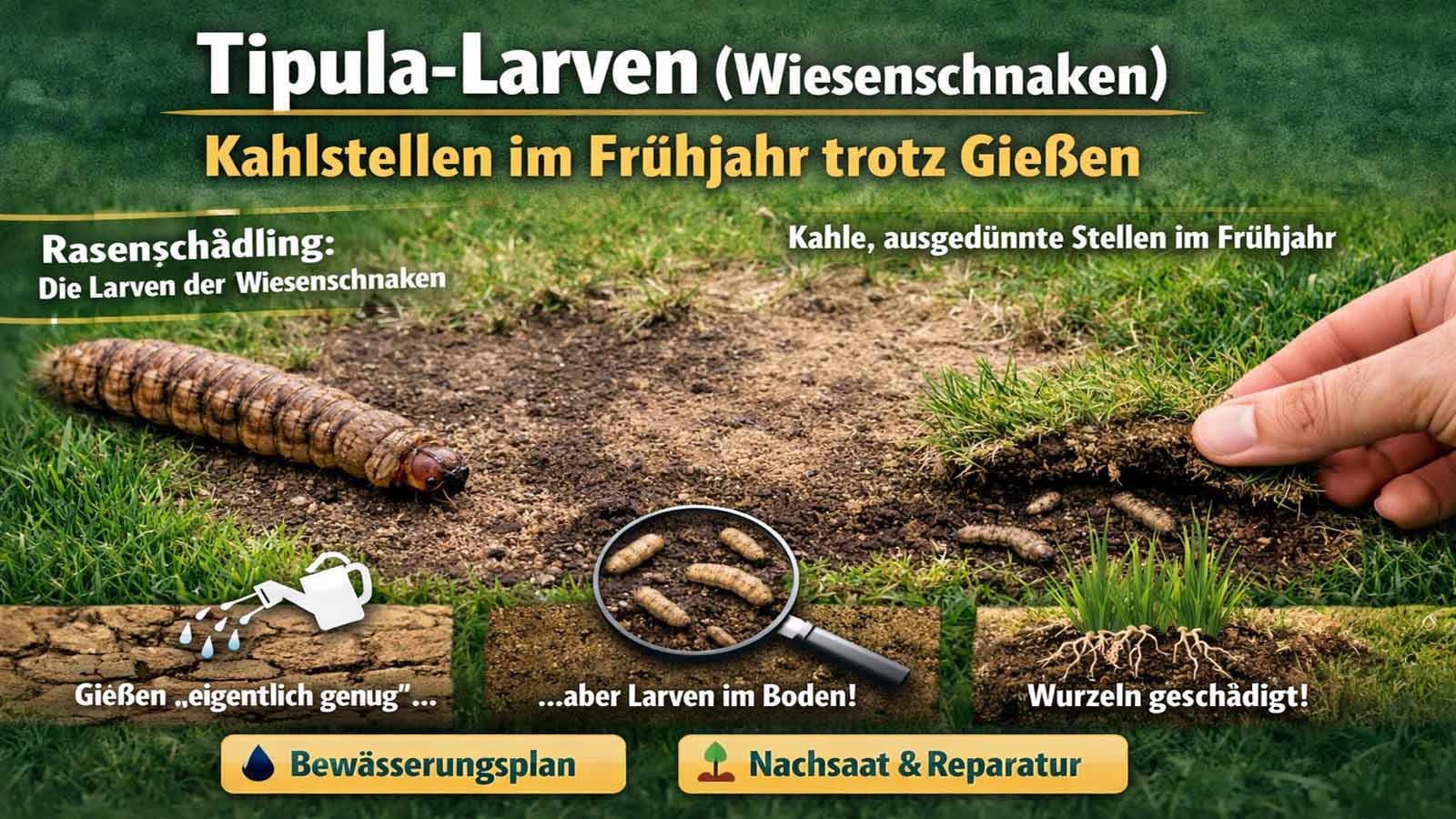 Hand hebt eine Grasnarbe an einer kahlen Stelle im Rasen an; im feuchten Boden sind Tipula-Larven zu sehen. Das Bild zeigt: Kahlstellen im Frühjahr können trotz Gießen entstehen, weil Wiesenschnaken-Larven die Wurzelzone/Grasbasis schädigen.