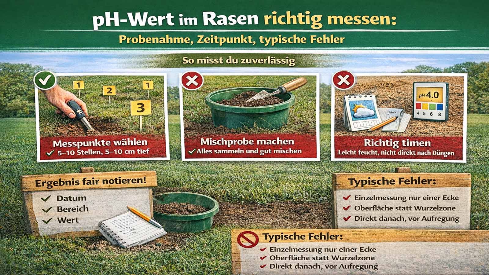 Infografik zur korrekten pH-Messung im Rasen: 5–10 Messpunkte in 5–10 cm Tiefe, Proben mischen, nicht direkt nach Düngen/Kalken messen, Ergebnis notieren und häufige Fehler wie Einzelmessung und zu flache Probenahme vermeiden.