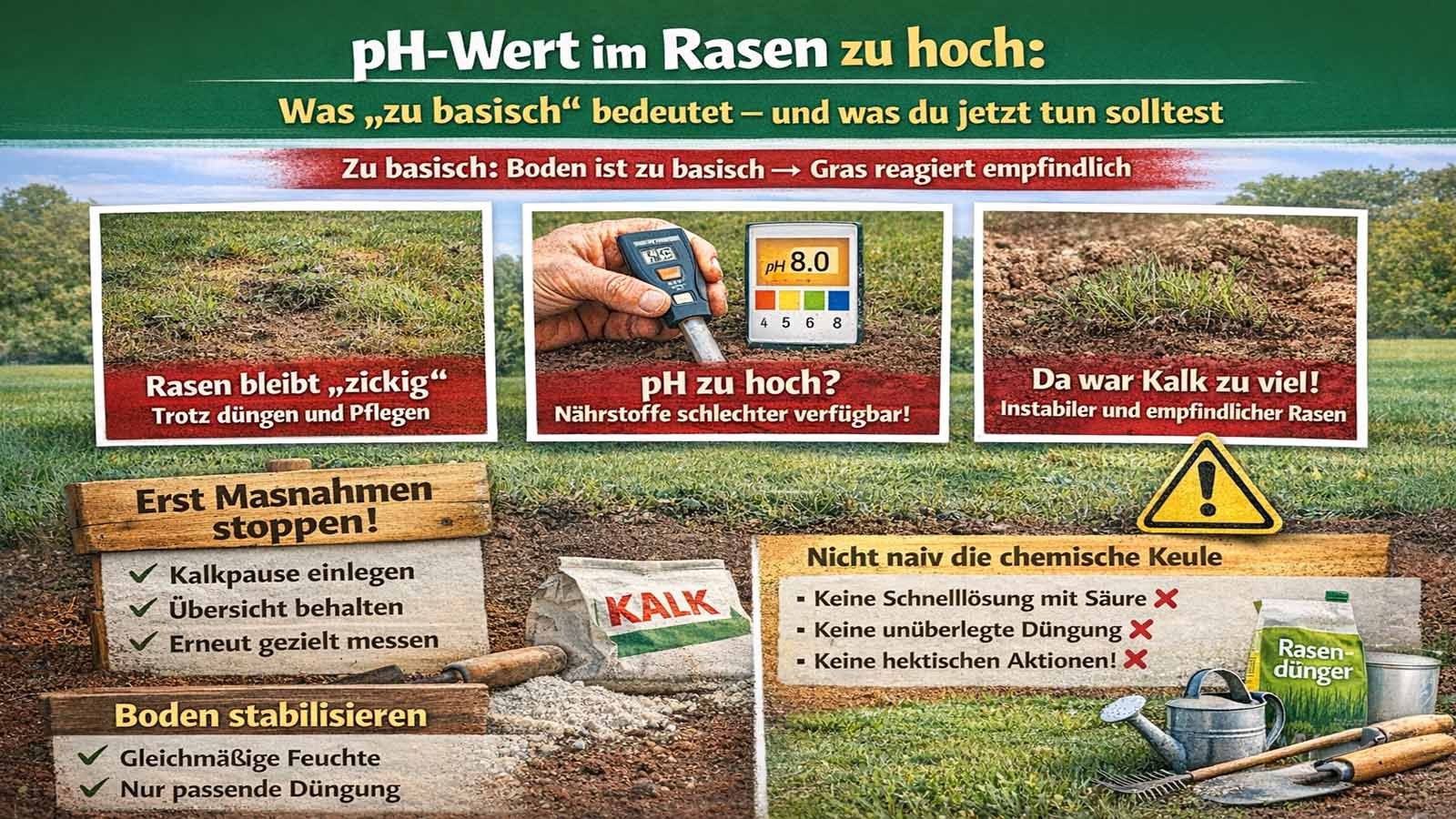 Infografik zu hohem pH-Wert im Rasen: basischer Boden, pH-Messung (z. B. 8,0), empfindlicher Rasen nach zu viel Kalk, Tipps wie Kalkpause, Pflege stabilisieren und später erneut messen.