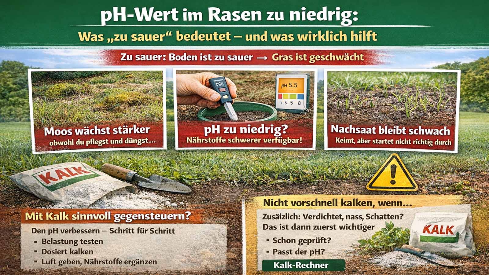 Grafik zu zu niedrigem pH-Wert im Rasen: saurer Boden, schwaches Gras und Moos, pH-Messung und Hinweise, wann Kalk sinnvoll ist und wann andere Ursachen wichtiger sind.