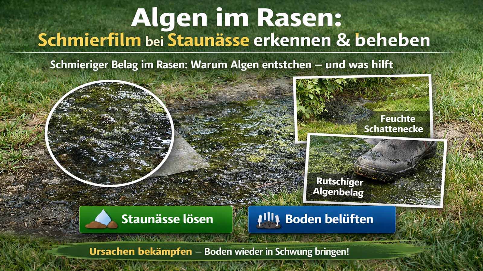Algen im Rasen: rutschiger Schmierfilm in feuchter Schattenecke bei Staunässe – Maßnahmen: Staunässe lösen und Boden belüften.