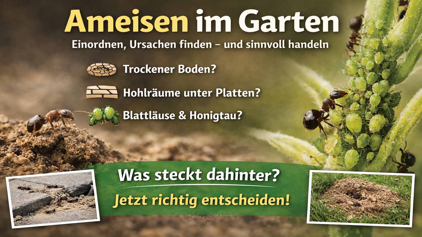 Ameisen im Garten: Ameise auf Erde und Ameisen bei Blattläusen – Hinweise auf trockenen Boden, Hohlräume unter Platten und Honigtau.