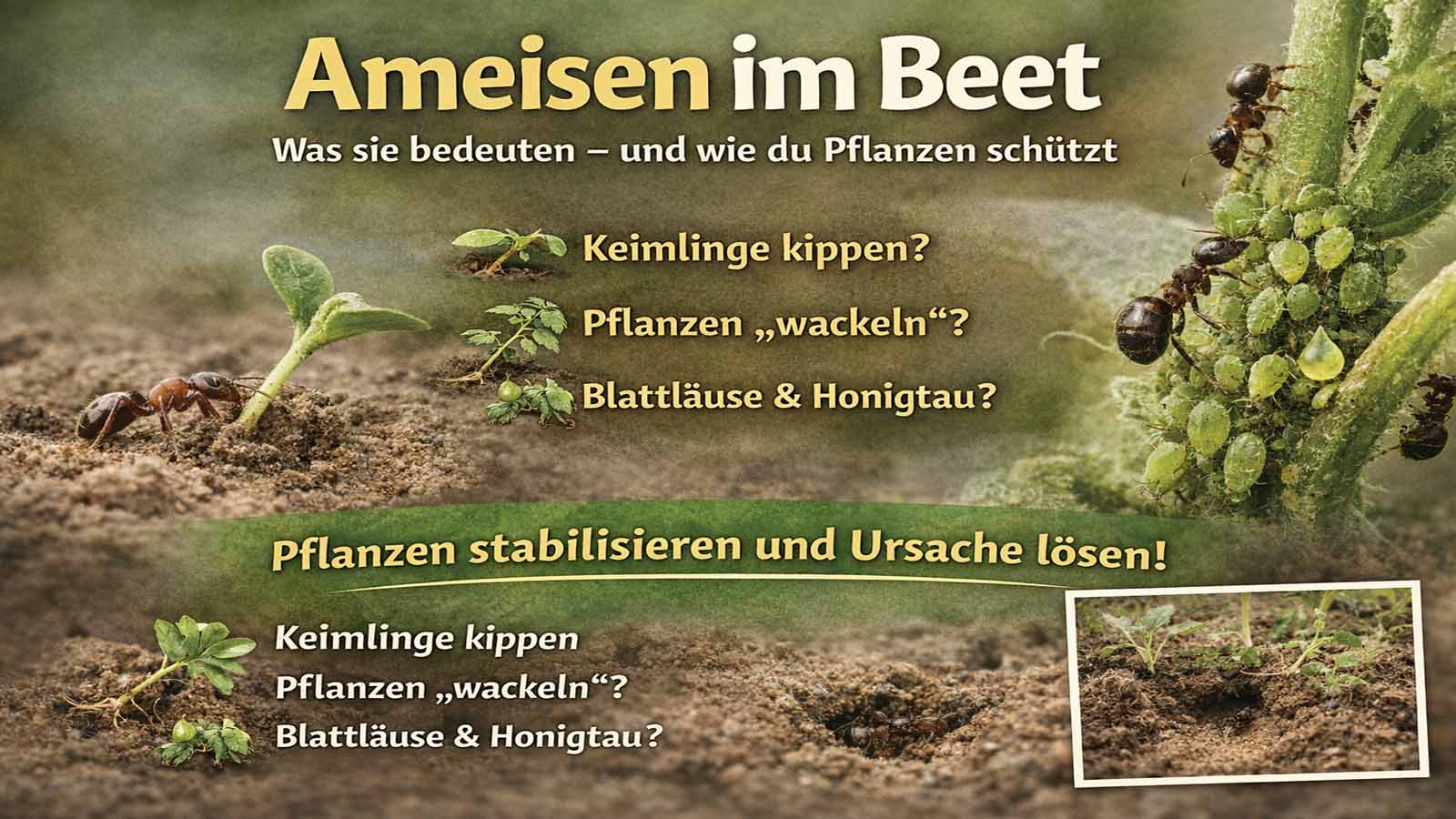Ameisen im Beet an Keimling und an Blattläusen – Hinweisgrafik zu Keimlinge kippen, Pflanzen wackeln sowie Blattläuse und Honigtau.