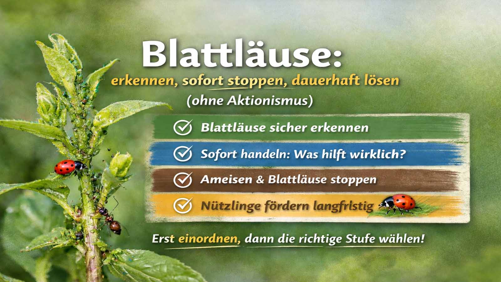 Nahaufnahme eines jungen Pflanzentriebs mit Blattlaus-Befall; sichtbar sind Läuse an den Triebspitzen sowie eine Ameise und ein Marienkäfer – Hinweis auf „erkennen, sofort stoppen, dauerhaft lösen (ohne Aktionismus)“.