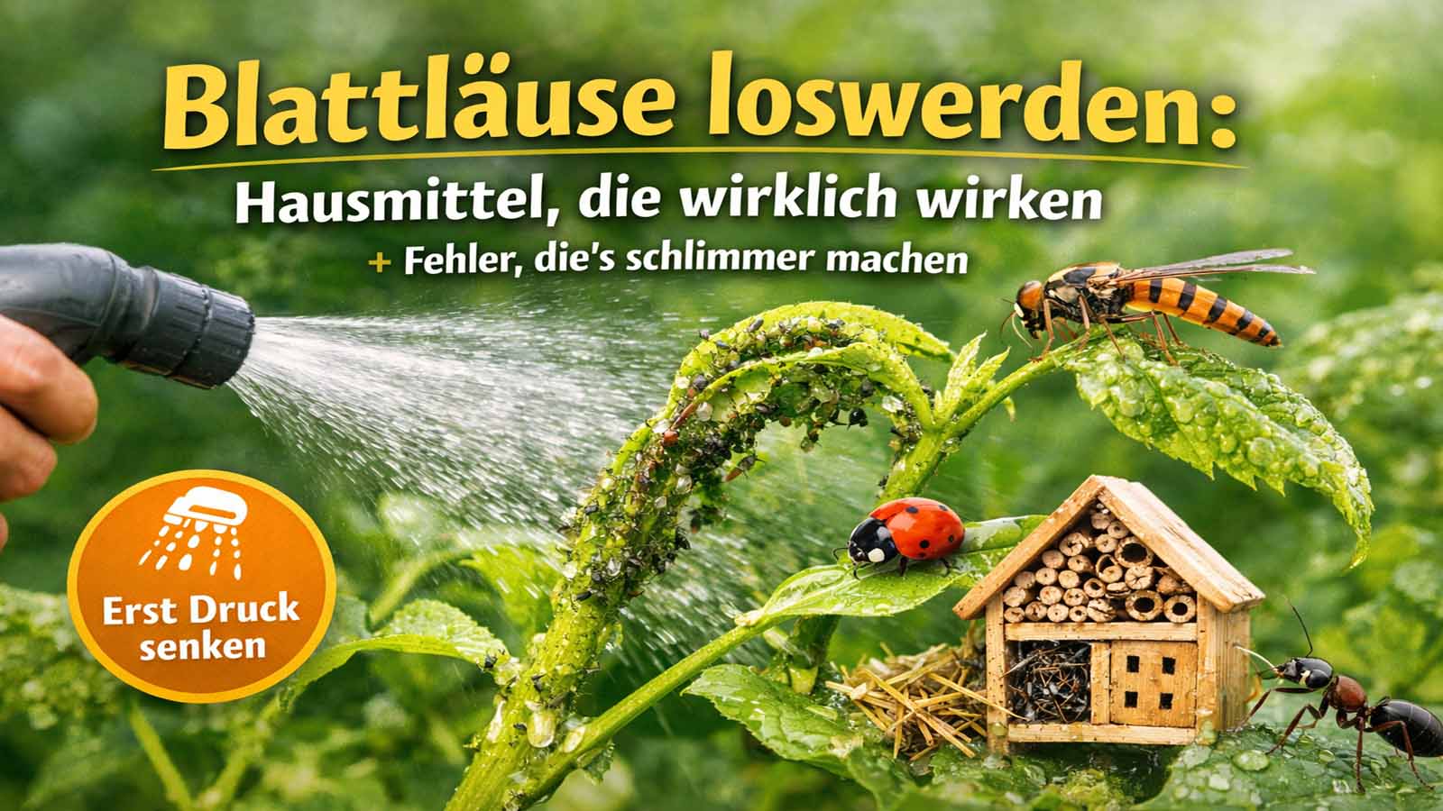 Wasserstrahl duscht Blattläuse von jungen Trieben ab; Marienkäfer sitzt auf Blatt, im Hintergrund ein Insektenhotel – Sofortmaßnahme gegen Blattlausbefall.