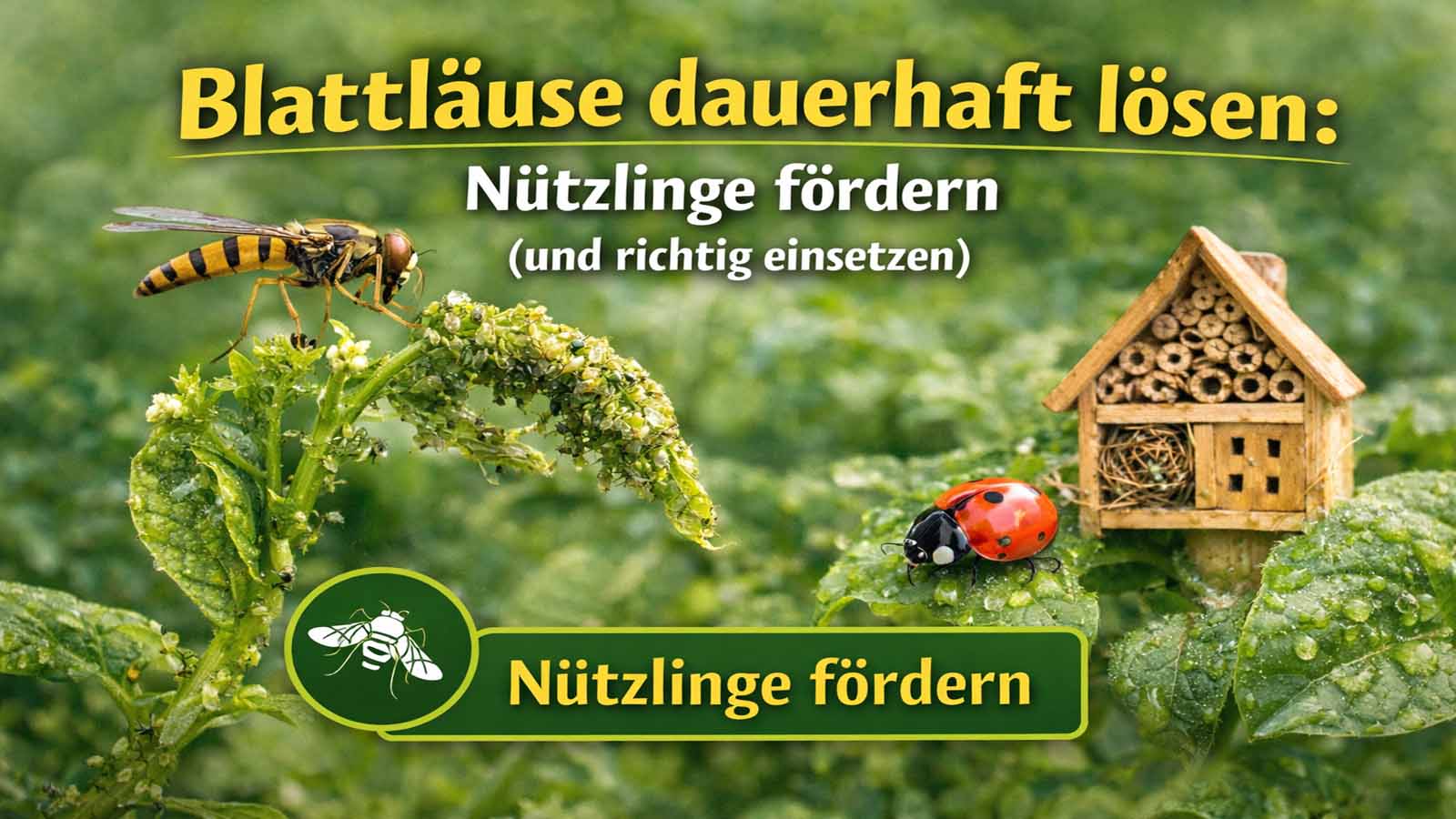 Schwebfliege und Marienkäfer auf blattlausbefallenem Trieb neben Insektenhotel – Nützlinge fördern und richtig einsetzen als dauerhafte Lösung gegen Blattläuse.