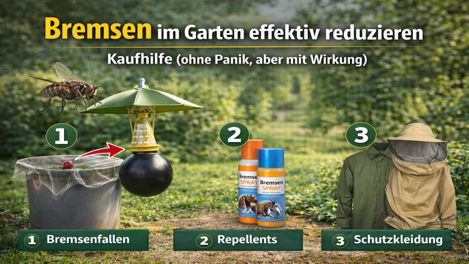Bremsen im Garten Kaufhilfe: Bremsenfalle zur Bereichsentlastung, Bremsenspray/Repellent für persönlichen Schutz und Schutzkleidung mit Netzhaube für Gartenarbeit und Rasenmähen.