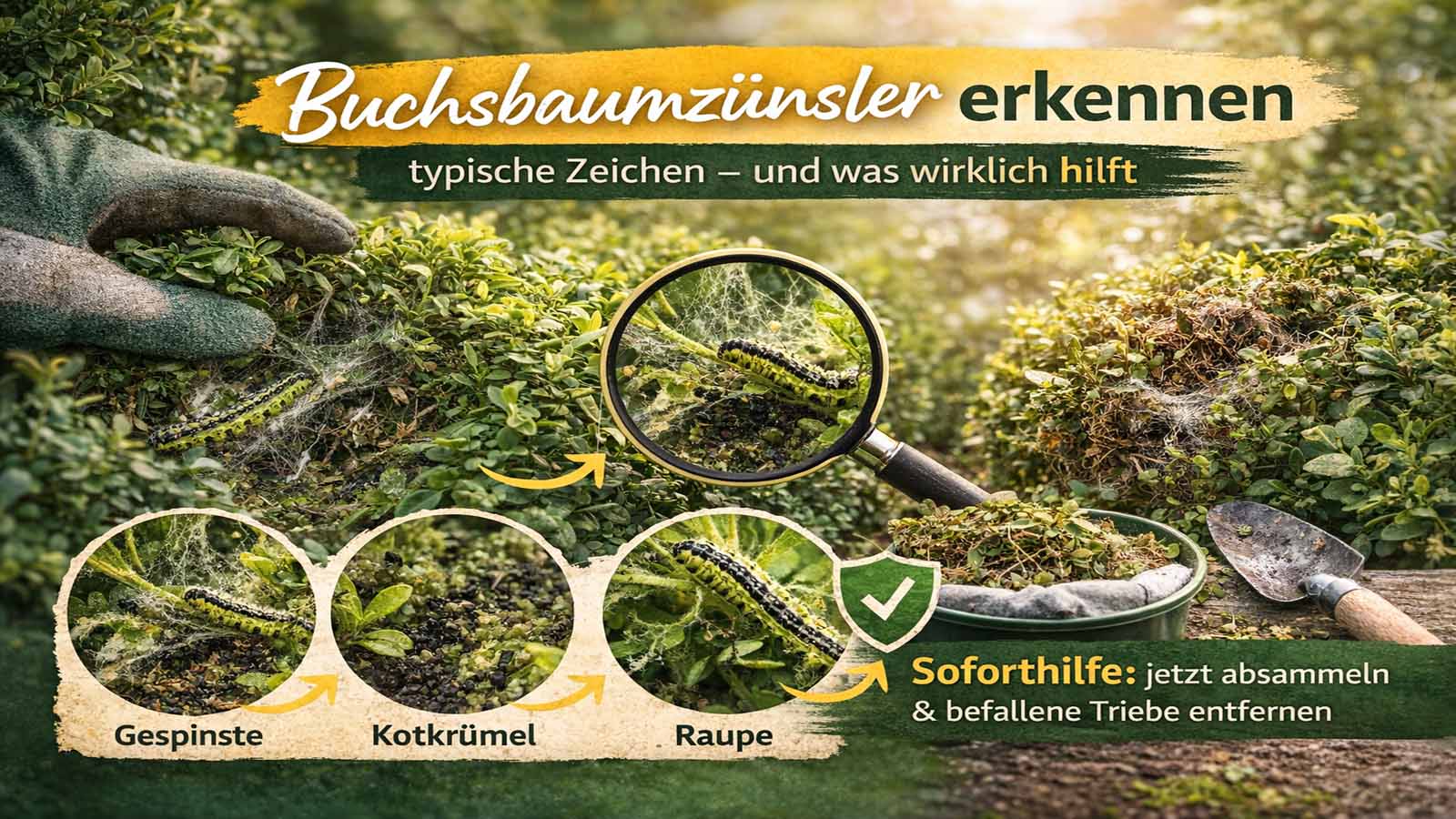 Buchsbaum mit Buchsbaumzünsler-Befall: Gespinste im Inneren, Kotkrümel und grünliche Raupe – Hinweise zum Erkennen und schnellen Handeln.