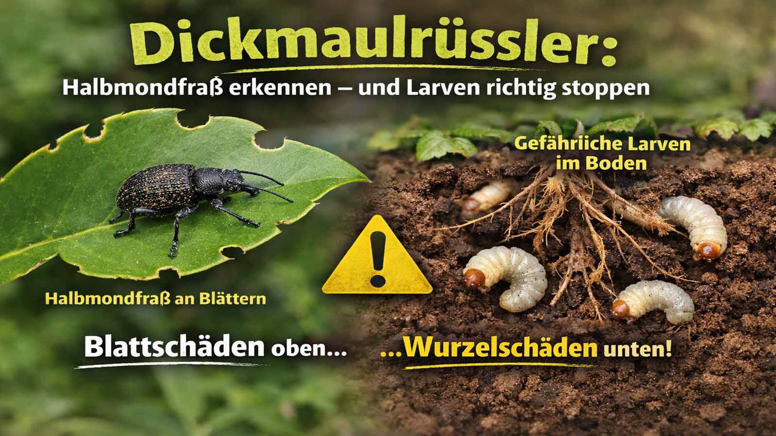 Beitragsbild zum Dickmaulrüssler: Halbmondförmige Fraßbuchten am Blattrand (Nachtfraß) und Larven im Boden an den Wurzeln – oben Blattschaden, unten Wurzelschaden.