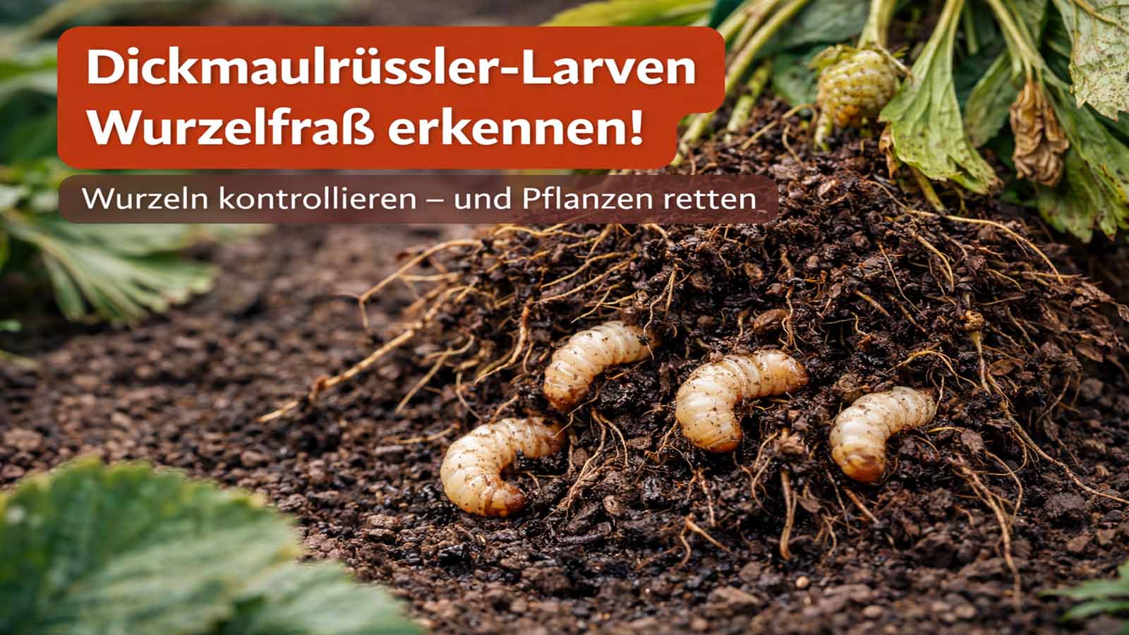 Nahaufnahme von Dickmaulrüssler-Larven (weiß, C-förmig, brauner Kopf) im dunklen Boden nahe beschädigter Wurzeln; verwelkte Pflanze im Hintergrund, Fokus auf Larven und Wurzelbereich.