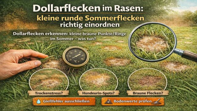 Rasenfläche mit vielen kleinen runden braunen Flecken (Dollarflecken) im Sommer; eine Lupe zeigt einen typischen Fleck, daneben ein Temperaturmesser sowie Vergleichs-Hinweise zu Trockenstress und Hundeurin.