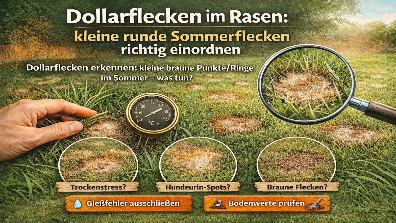 Rasenfläche mit vielen kleinen runden braunen Flecken (Dollarflecken) im Sommer; eine Lupe zeigt einen typischen Fleck, daneben ein Temperaturmesser sowie Vergleichs-Hinweise zu Trockenstress und Hundeurin.