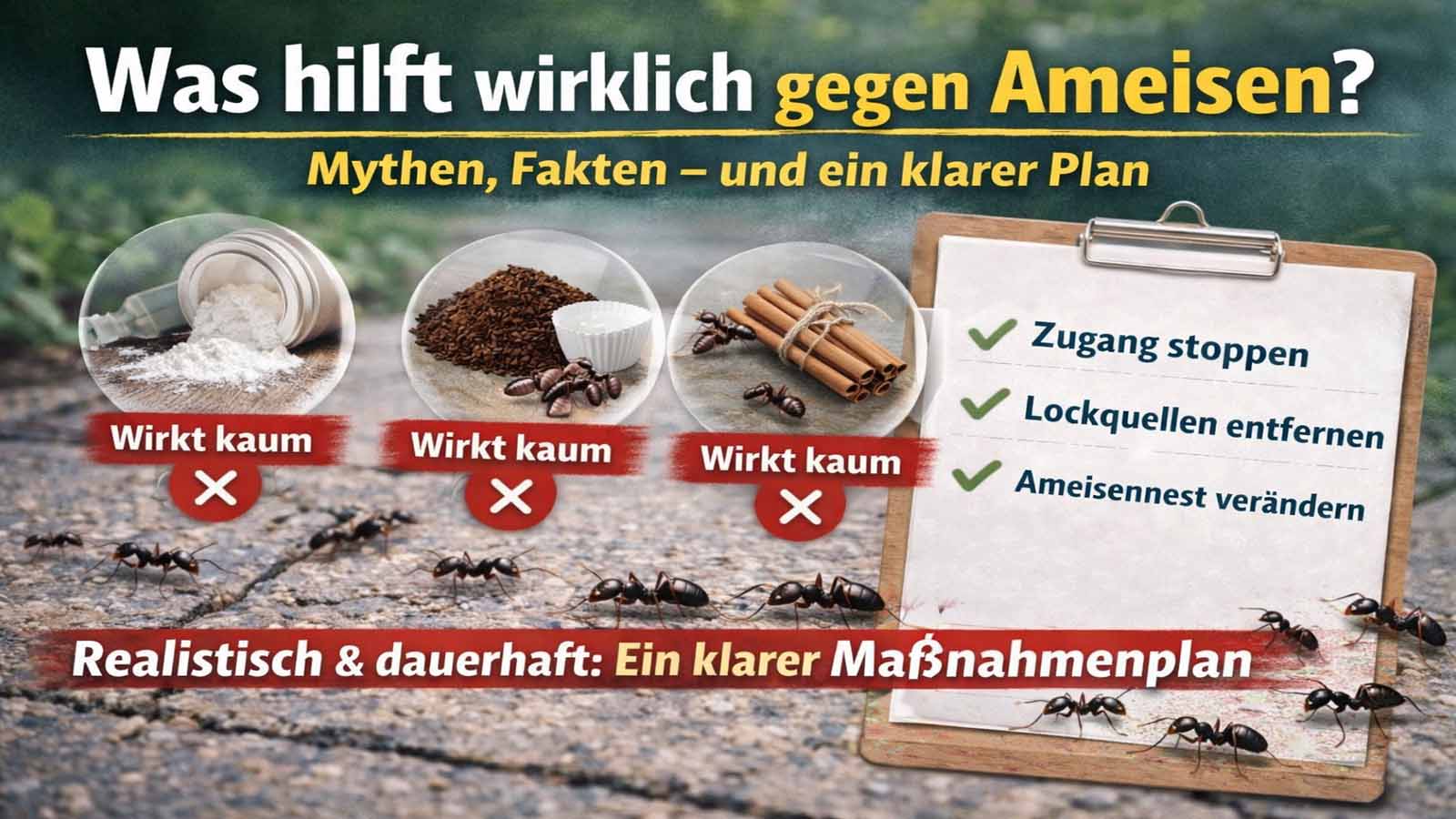 Beitragsbild: Ameisen auf Steinfläche; Hausmittel wie Backpulver, Kaffee und Zimt sind mit „Wirkt kaum“ markiert; daneben Checkliste mit „Zugang stoppen“, „Lockquellen entfernen“, „Ameisennest verändern“.
