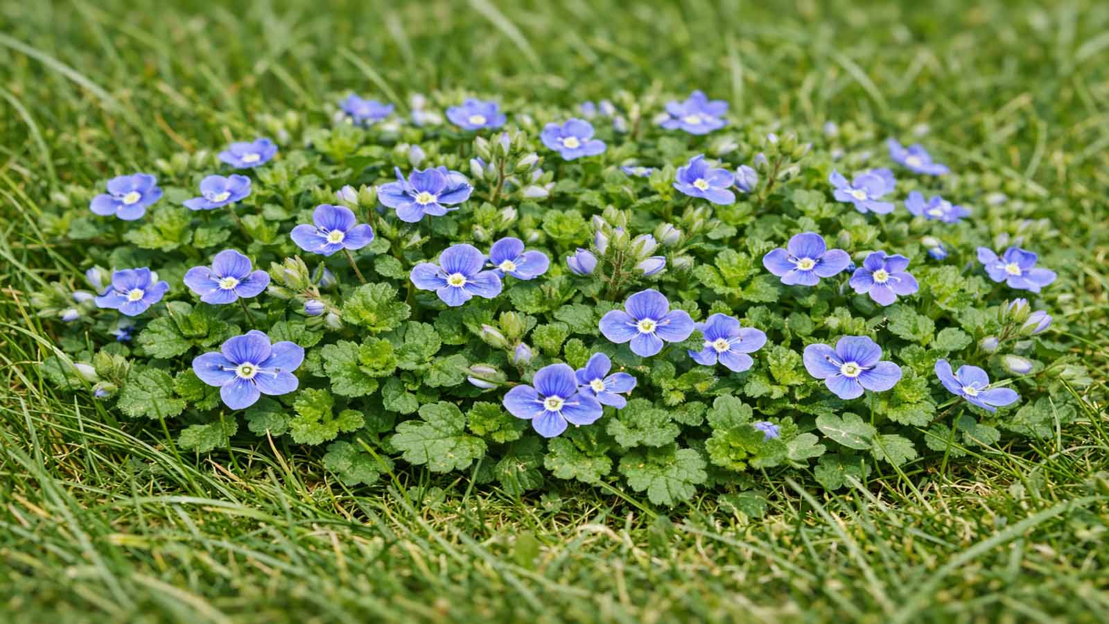 Nahaufnahme von Ehrenpreis (Veronica) im Rasen: teppichartiger, niedriger Wuchs mit kleinen ovalen Blättern und vielen zarten blauen Blüten zwischen Grashalmen.