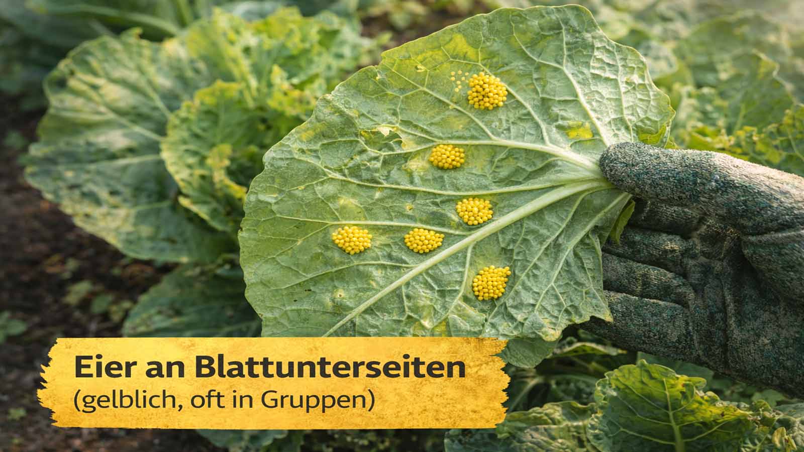 Nahaufnahme der Blattunterseite einer Kohlpflanze mit gelblichen Eigelegen in Gruppen nahe an Blattadern – typisches Zeichen für Kohlweißling-Eiablage.