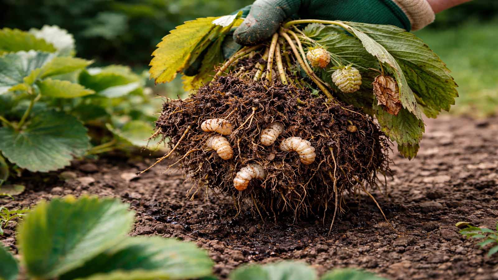 Geschädigte Pflanze mit freigelegtem Wurzelballen: typische Dickmaulrüssler-Larven (weiß, C-förmig, brauner Kopf) sitzen im Boden und fressen Wurzeln – die Pflanze wirkt trotz Gießen schlapp.